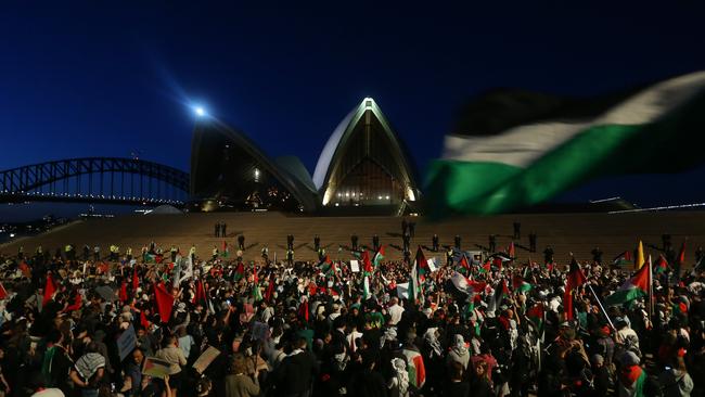 Palestine supporters rally outside the Sydney Opera House on October 9.