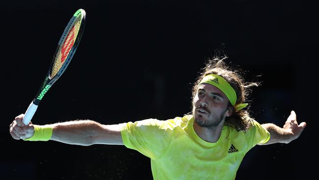 Stefanos Tsitsipas of Greece plays a backhand in his men's singles third-round match against Mikael Ymer of Sweden during day six of the 2021 Australian Open at Melbourne Park. Picture: Matt King/Getty Images