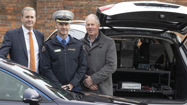 Michael Ferguson MP, Assistant Commissioner Jonathan Higgins and Road Safety Advisory Council Chair Scott Tilyard at Hobart. Picture: Chris Kidd