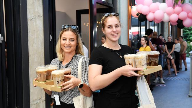 Annee's Caphe Sua Da store has opened its doors with people lining up down the street. Justine Peronchik and Ebony Williams. Picture: Shae Beplate.