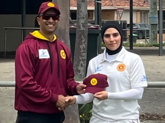 Sunshine Heights president Walter Saldanha presenting international cricketer Maryam Omar with her cap on debut. (Picture: Supplied)