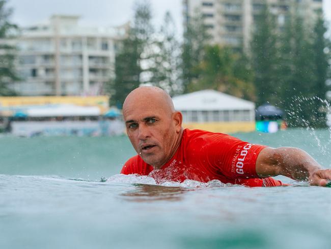 Eleven-time WSL Champion Kelly Slater of the United States surfs in Heat 14 of the Round of 64 at the Bonsoy Gold Coast Pro, 2024. Picture: Andrew Shield/World Surf League.