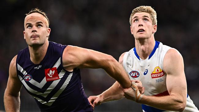 Sean Darcy and Tim English go head-to-head. Picture: Daniel Carson/AFL Photos