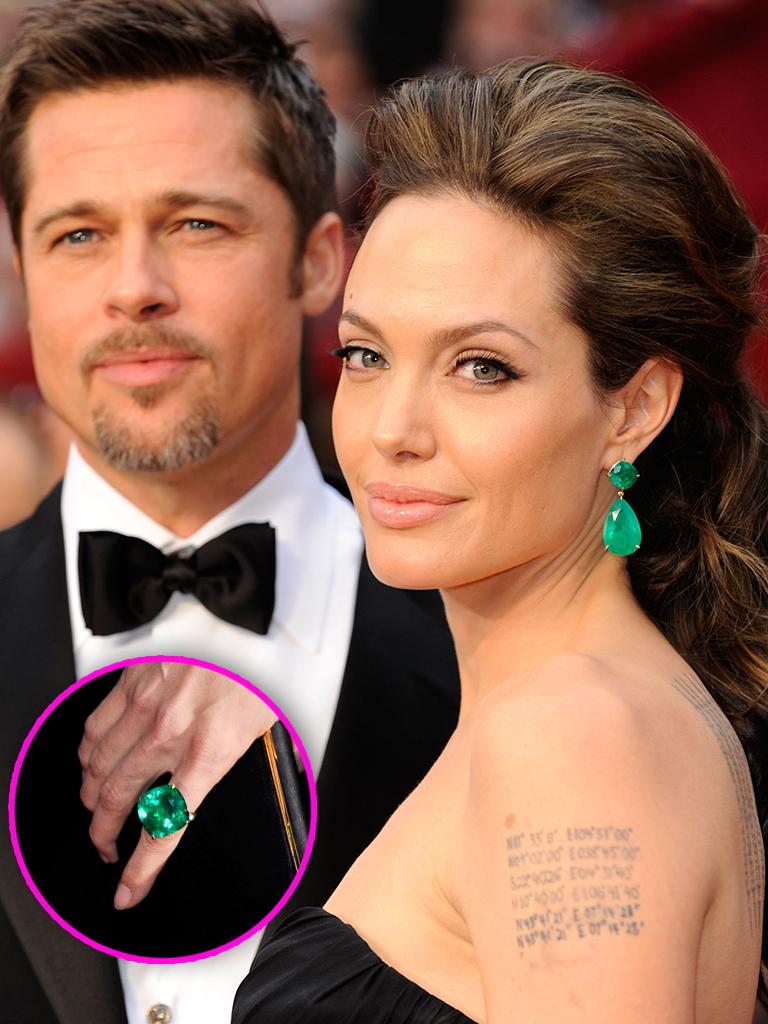 Angelina Jolie and Brad Pitt rocked the Oscars in 2009 with more than each other as bling. Jolie’s incredible 115-carat Lorraine Schwartz Colomian emerald drop earrings and matching 65-carat ring worth a whopping $2.5 million sparkled almost as much as the star couple. Picture: Getty