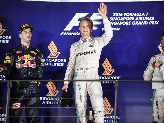 Nico Rosberg of the Mercedes AMG Petronas F1 Team celebrates his SINGAPORE GRAND PRIX win in 2016. Picture: Anthony Wallace/AFP.