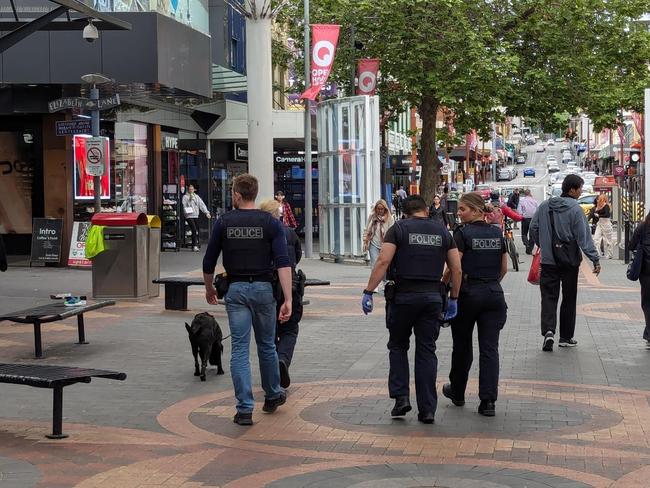 Tasmania Police in Hobart file, generic. Tasmania Police patrol Elizabeth Mall, Hobart CBD. Picture: Tasmania Police