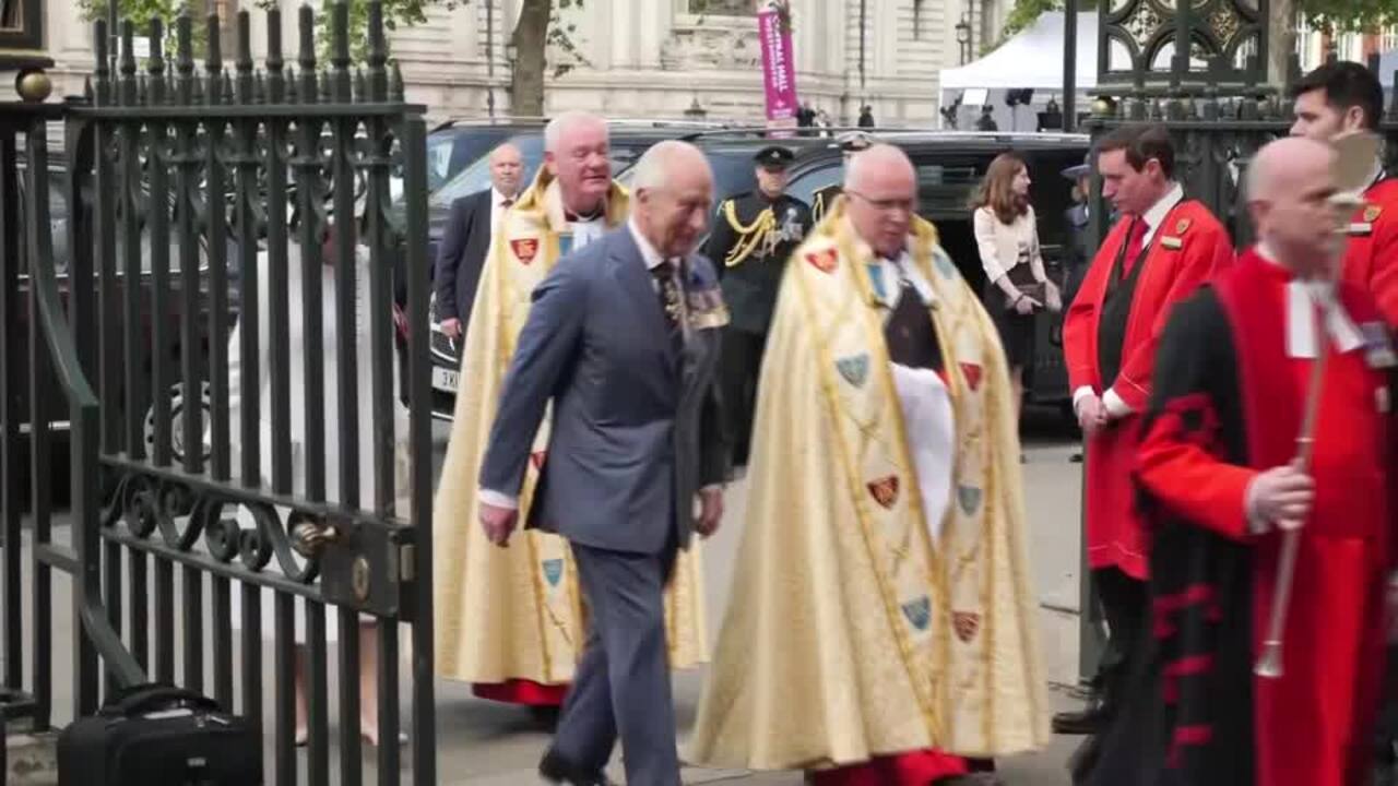 Britain's King Charles and guests arrive for VE day service