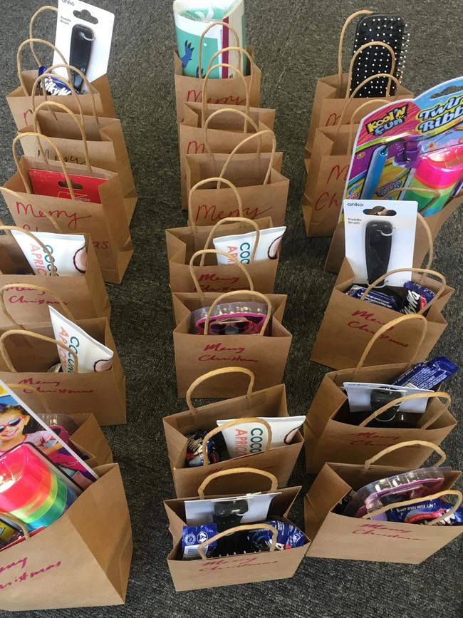 The gift bags donated to the women and children at the shelter.