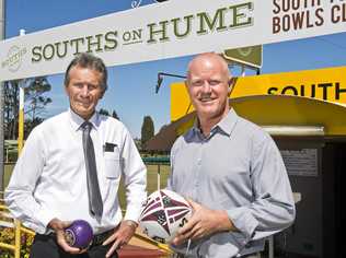 BIG DEAL: South Toowoomba Bowls Club chairman Phil Schultz (left) and Mustangs Leagues and All Sports Club president Tony Coonan discuss the new alignment of the two sporting groups. Souths' decision to amalgamate with MLASC is considered to be a key step to securing an Intrust Super Cup team for the region in the future. Picture: Nev Madsen