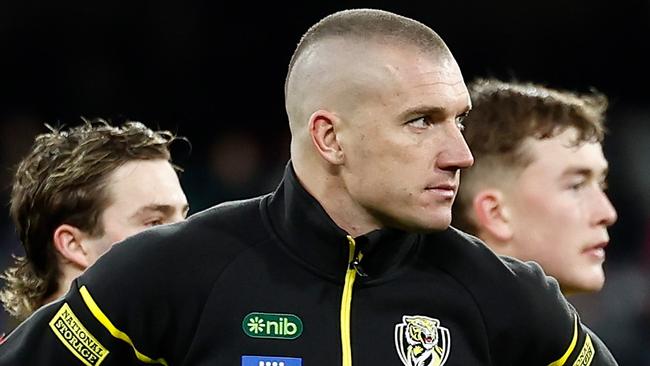 MELBOURNE, AUSTRALIA - JUNE 30: Dustin Martin of the Tigers looks on during the 2024 AFL Round 16 match between the Richmond Tigers and the Carlton Blues at The Melbourne Cricket Ground on June 30, 2024 in Melbourne, Australia. (Photo by Michael Willson/AFL Photos via Getty Images)