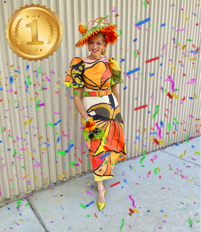 Racegoer Karlie Owen received the most votes in the Stony Creek Cup 2024 best dressed competition and has taken home the gold. Picture: Jack Colantuono