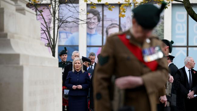 First Minister of Northern Ireland, Michelle O'Neill, left, attends the Remembrance Sunday service in Belfast. Picture: Getty Images