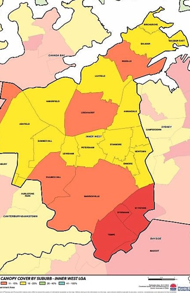 The suburb-by-suburb breakdown of tree cover in the Inner West, with Tempe, Sydenham and St Peters already horribly short of trees (0-10 per cent). Map: Department of Planning and Environment