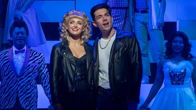 Annelise Hall (Sandy Dumbrowski) and Fabian Andres (Danny Zuko) in the Adelaide 2024 season of Grease the musical. Picture: Naomi Jellicoe