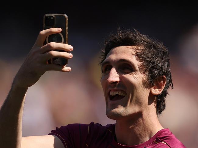 Oscar McInerney soaks up the love at Brisbane’s captain’s run on Friday. Picture: Robert Cianflone/Getty Images