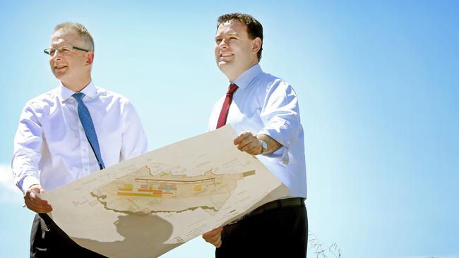 Federal Urban Infrastructure Minister Paul Fletcher with new Western Sydney Minister Stuart Ayres at the site of Badgerys Creek airport. Picture: Richard Dobson