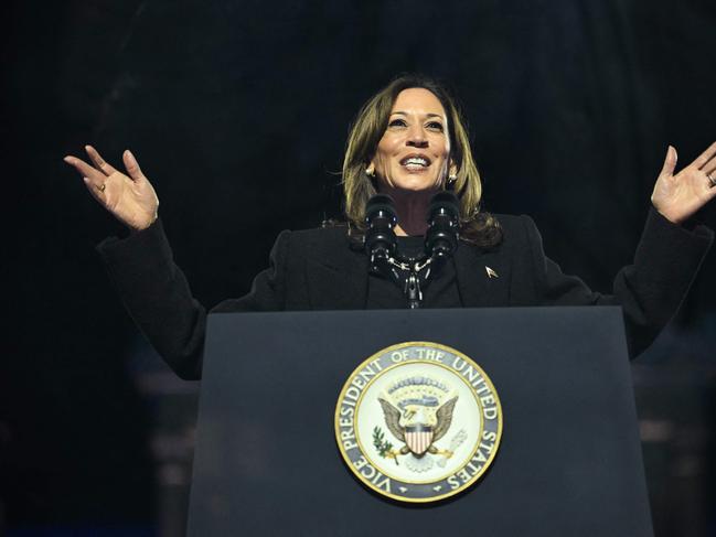 US Vice President and Democratic presidential candidate Kamala Harris speaks during a campaign rally on the Benjamin Franklin Parkway in Philadelphia, Pennsylvania on November 4, 2024. (Photo by ANDREW CABALLERO-REYNOLDS / AFP)