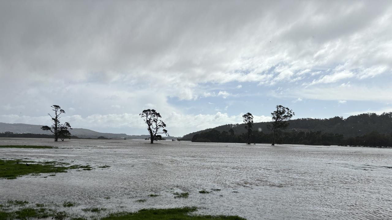 Mersey River at dangerous levels near Latrobe. Tasmania wild weather event September 2, 2024. Picture: Simon McGuire