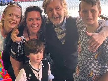 Belinda Dobson, Katie Sanderson, Sir Paul McCartney, Lennon Dobson and (front) McCartney Sanderson at McDonald Jones Stadium, Newcastle.