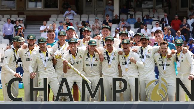 Pat Cummins of Australia lifts the ICC World Test Championship mace after his side’s victory over India at The Oval Picture: Getty Images