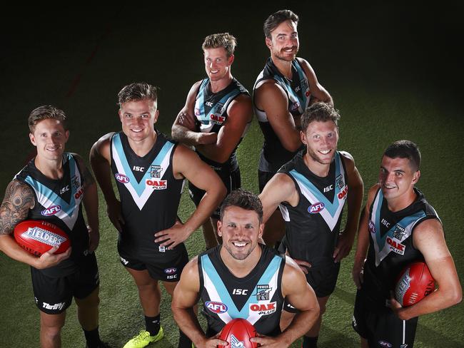 Port Adelaide’s leadership group for 2018. Captain Travis Boak, front, and from left, Hamish Hartlett, Ollie Wines, Brad Ebert, Tom Rockliff, Tom Jonas and Charlie Dixon. Picture Sarah Reed