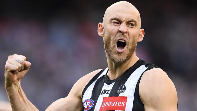MELBOURNE, AUSTRALIA - SEPTEMBER 21: Ben Reid of the Magpies celebrates kicking a goal during the AFL Preliminary Final match between the Collingwood Magpies and the Greater Western Sydney Giants at the Melbourne Cricket Ground on September 21, 2019 in Melbourne, Australia. (Photo by Quinn Rooney/Getty Images)