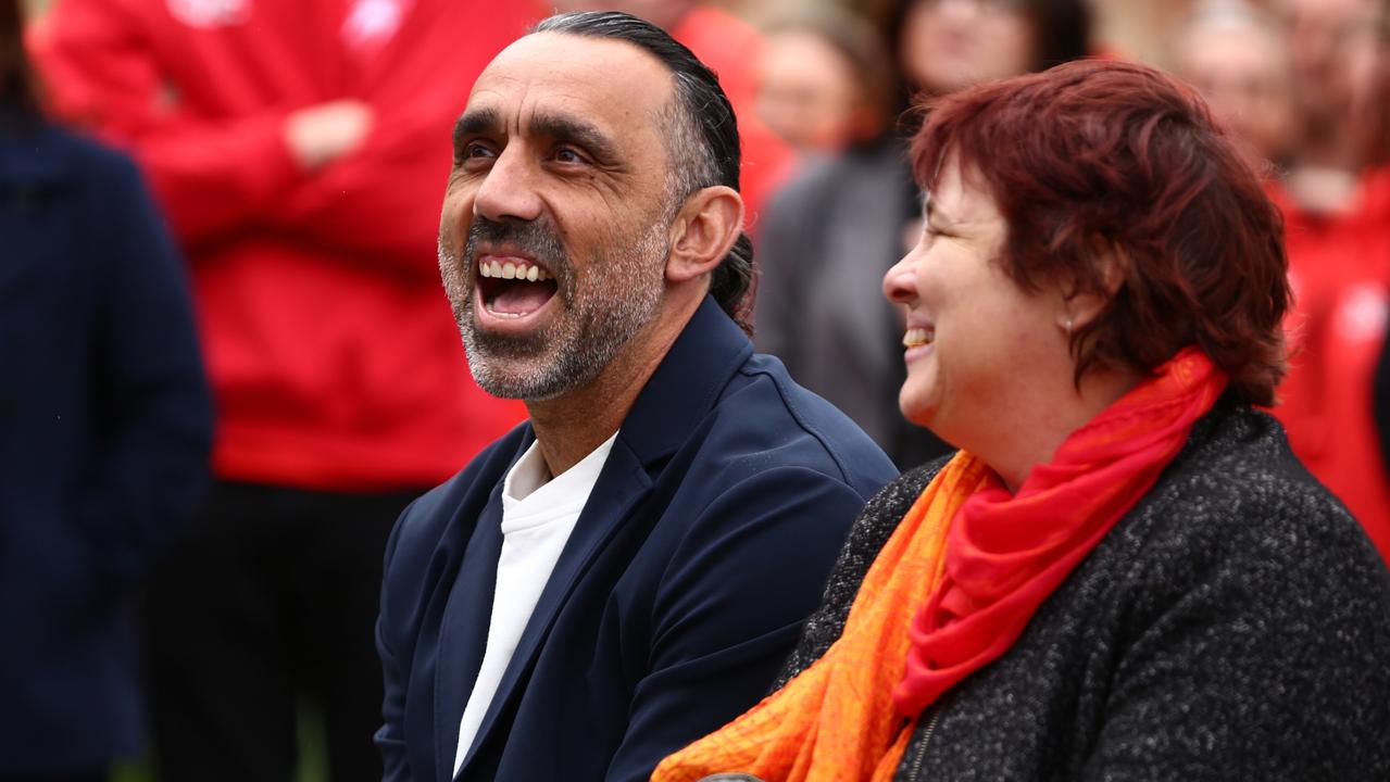 Goodes has not reconnected with the AFL but remains involved with the Swans, speaking at his statue unveiling on Friday. Picture: Sydney Swans