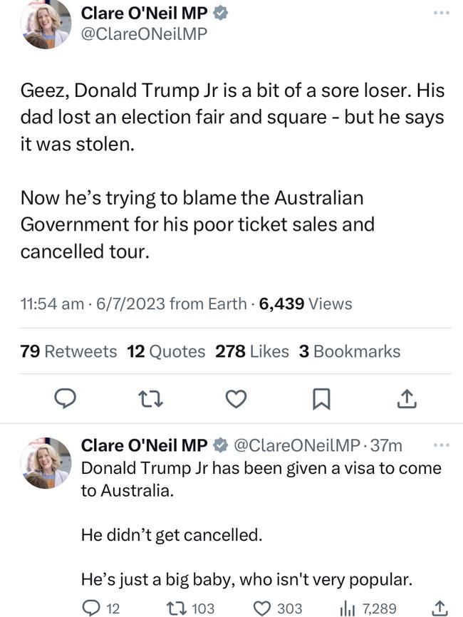 Ms O’Neil’s now-deleted tweets where she criticised the son of former US president Donald Trump. Picture: Supplied