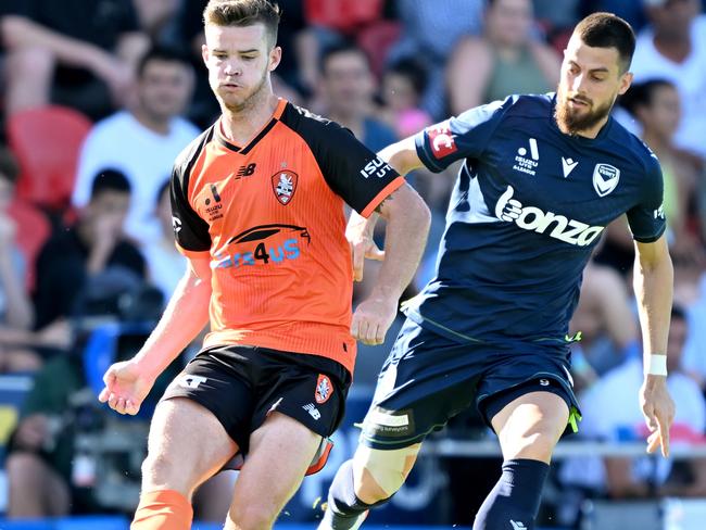 BRISBANE, AUSTRALIA - OCTOBER 29: Connor Chapman of the Roar in action during the round four A-League Men's match between Brisbane Roar and Melbourne Victory at Moreton Daily Stadium, on October 29, 2022, in Brisbane, Australia. (Photo by Bradley Kanaris/Getty Images)