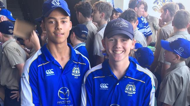 Nudgee College First XI players Lachlan Mark and Hayden Brough at Friday’s season launch.