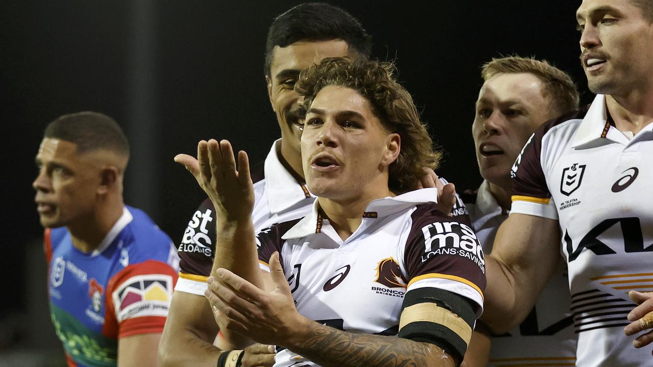 Brisbane Broncos fullback Reece Walsh celebrates scoring a try against the Newcastle Knights. Picture: NRL