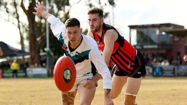 NFNL: St Mary’s Mitch Green and Riley Livingstone of Panton Hill fight for the ball. Picture: Josh Chadwick