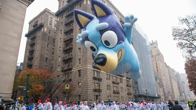 The Bluey balloon floats above this year’s Thanksgiving Day Parade in New York City. Picture: Getty Images