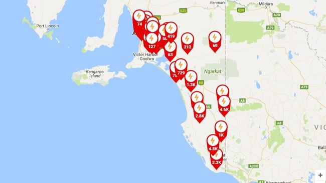 A map of power outages in South Australia tonight.