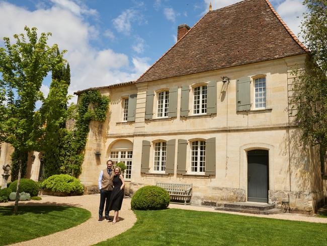 EMBARGO FOR WISH 05 JULY 2024. ONE TIME USE. FEE MAY APPLY. Edouard and wife Kelley Moueix pictured at their estate in Saint-Ãâ°milion. The Moueix family's legacy - from esteemed drops to wineries designed by Herzog and de Meuron - looms large. However, third-generation winemaker Edouard and wife Kelley Moueix, owner of Chateau Belair-Monange, are tending to the future on their Saint-Emilion Estate, while also exporting Australian Giaconda to the world. Photography: Holly Gibson