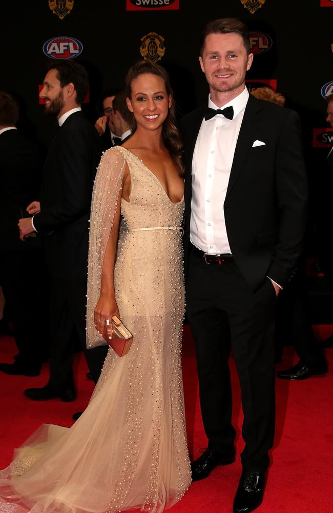 Patrick Dangerfield of Adelaide and partner Mardi Harwood arrive on the red carpet for the 2015 AFL Brownlow Medal presentation held at Crown Casino on Monday, September 28, 2015, in Melbourne, Victoria, Australia. Picture: Tim Carrafa