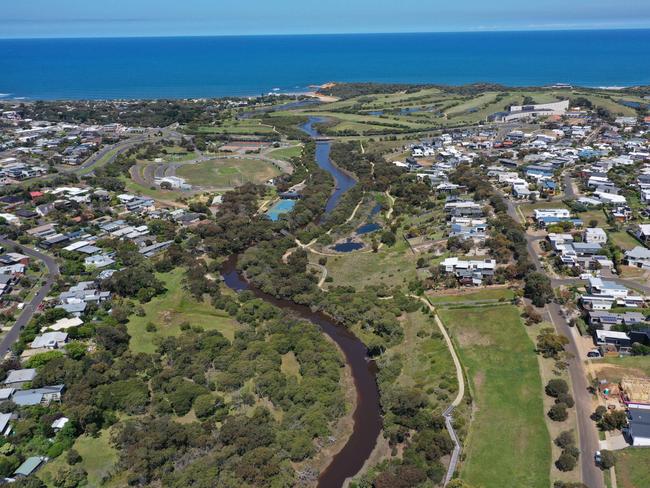 Looking down Spring Creek towards the ocean. Drone pics of big development site at Torquay (it's the last development site of scale - ie 350-400 house lots.) The 32 property runs from the corner of Duffields and Grossmans Rd south along Duffields Rd to Spring Creek (and east torwards the existing development in Torquay). Picture: Alan Barber