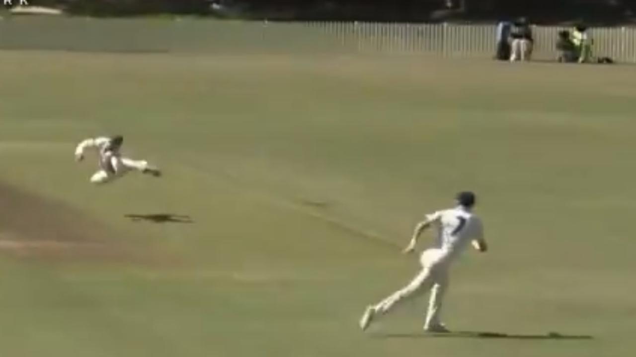 Nathan Lyon gets some serious hang time to claim this ripping catch.