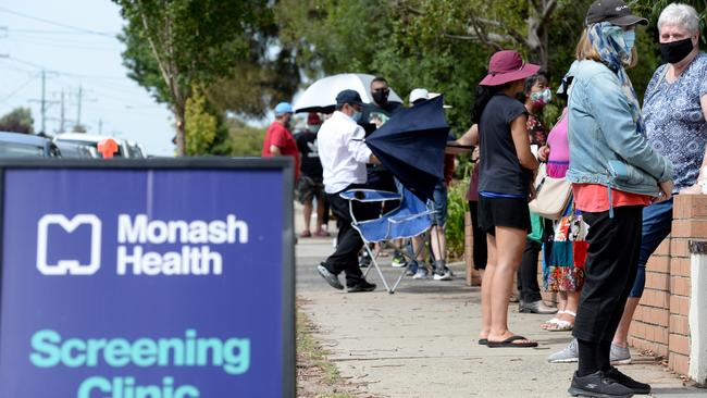 People queue to get tested for COVID-19 at a Monash Health clinic on Cleeland Street, Dandenong. Picture: NCA NewsWire / Andrew Henshaw