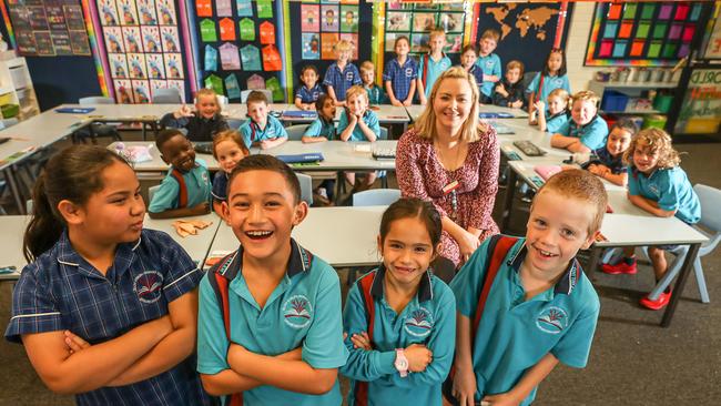 Ameerah Cooper, Sydney Jackson, Hayley Picado and Hunter Chandler with teacher Emma Salomon at Ellen Stirling Primary School, Ellenbrook. Picture: Colin Murty