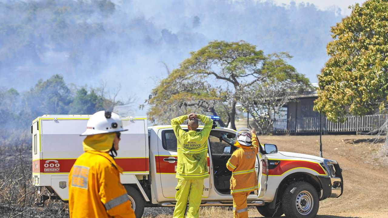 Ten fire crews battled a bushfire west of Calliope on Father's Day, which broke out near properties on Potters Road. Picture: Matt Taylor GLA020918FIRE