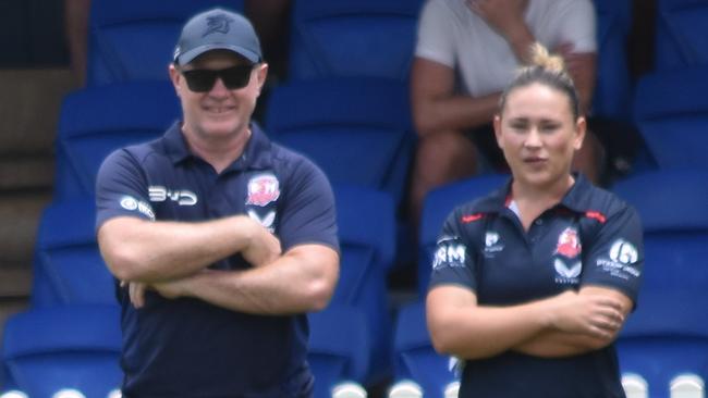 Mahlie Cashin passes out of dummy half as John Strange and Keeley Davis watch on. Picture: Sean Teuma. NSWRL Junior Reps 2025 - Tarsha Gale Cup trial - St George Dragons vs Sydney Roosters at Mascot Oval, 11 January 2025