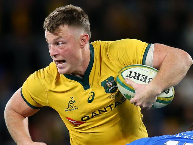 SYDNEY, AUSTRALIA - SEPTEMBER 07: Jack Dempsey of the Wallabies is tackled by Tim Nanai-Williams of Samoa during the International Test match between the Australian Wallabies and Manu Samoa at Bankwest Stadium on September 07, 2019 in Sydney, Australia. (Photo by Jason McCawley/Getty Images)