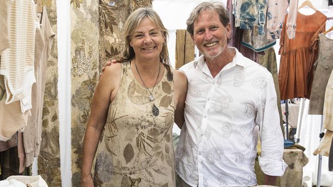 Markets Manager Graham Double (right) with Leaf &amp; Lichen stallholder Wendy Hardman (left) at the Lennox Markets. Picture: Natalie Grono