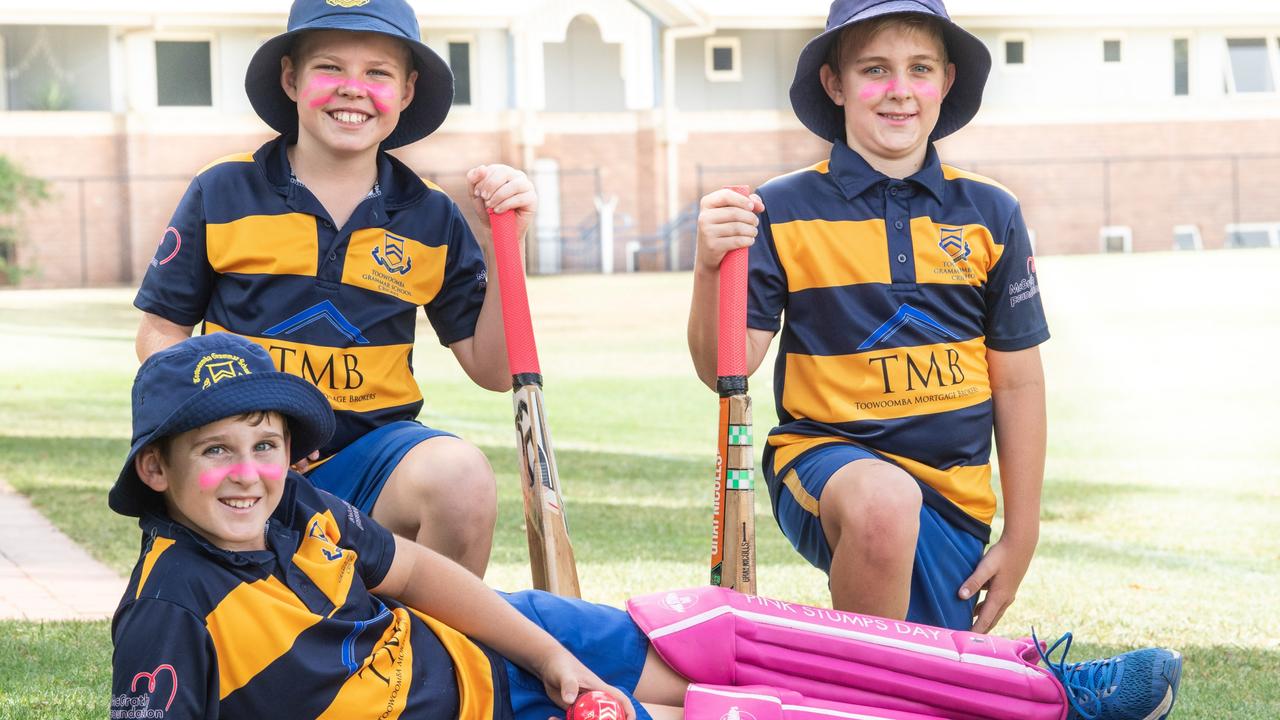 SPLASH OF COLOUR: Year 6 Toowoomba Grammar School students Ethan Fryer (front), Cooper Cook (left) and Lachlan Hyslop are getting ready to rock some pink for Pink Stumps Day at TGS. Picture: Nev Madsen