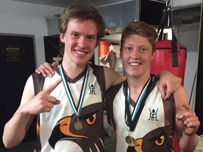 Noah Anderson and Matt Rowell celebrate their under-15 YJFL premiership at Boroondara Hawks. Picture: Supplied