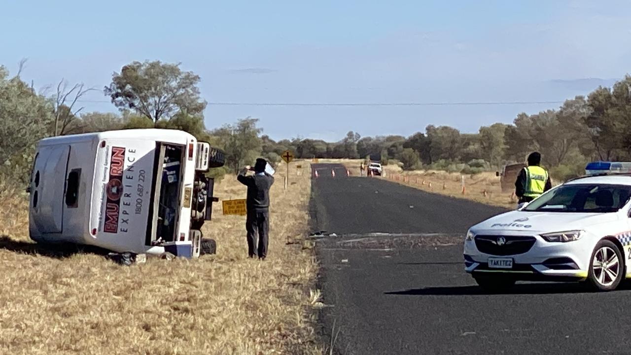 The scene of a tour bus crash near Hermannsburg in Central Australia. Picture: Daniel Sumpton