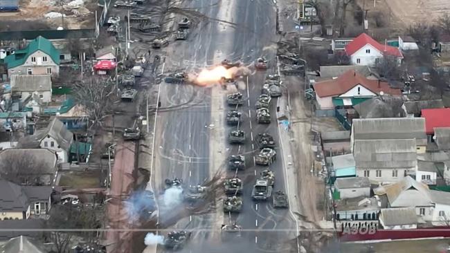 Tanks are seen being destroyed on the outskirts of Brovary, a suburb of Kyiv, in this screengrab from an undated handout video obtained by Reuters.