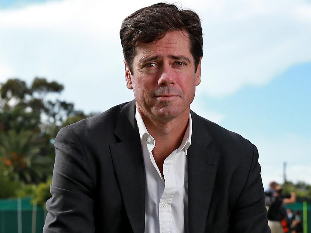 AFL CEO Gillon McLachlan visits Cabramatta West Public School with some of the GWS Giants players ahead of round 1 of the AFL season. Picture: Toby Zerna