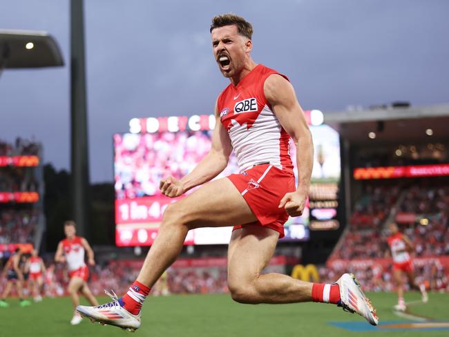 Lloyd celebrates his qualifying final goal in front of the Swans’ faithful. Picture: Matt King/AFL Photos/via Getty Images